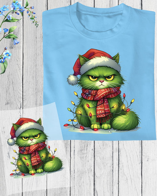 Green Angry Christmas Cat Tree DTF Transfer, Holiday Heat Press Design, Xmas Shirt Print, UV DTF Sticker, Funny Christmas Gift Idea