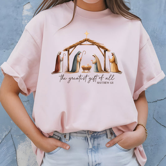 The Greatest Gift of All Sweatshirt Nativity Scene Christmas Shirt Jesus Christ Birth of Jesus Holiday Top Religious Christian Sweater