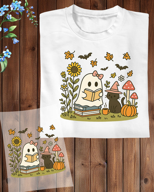 Halloween Fall Ghost Read Book Flowers Heat Transfer
