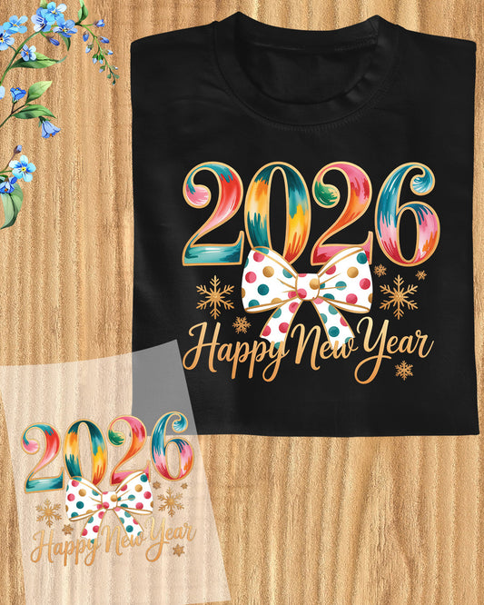 Happy New Year 2026 Colourful DTF Transfer, Ready to Press Heat Transfer for Shirts, Festive Colourful New Year 2026 Design, UV Sticker