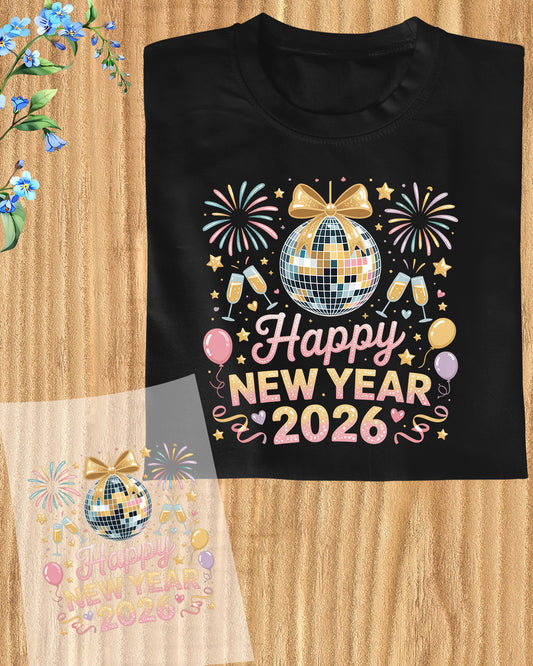 Happy New Year 2026 Disco Ball DTF Transfer, Ready to Press Heat Transfer for Shirts, Festive Holiday New Year 2026 Design, UV Sticker