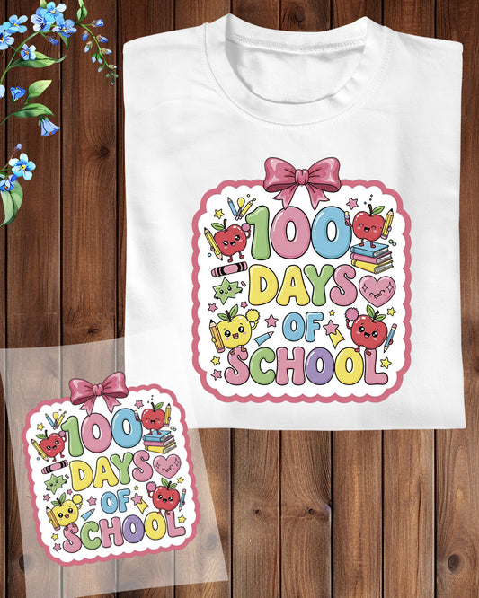 Kawaii Pastel 100 Days of School DTF Transfer, Ready to Press Heat Transfer for Shirts, Fun 100 Days of School Kids Design, UV Sticker