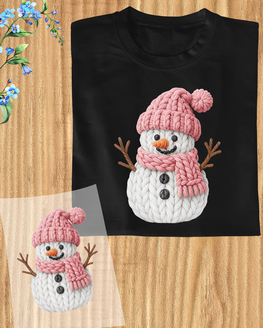 Pink Crochet Snowgirl DTF Transfer Ready to Press, Snowman Christmas Faux Yarn Heat Transfer For Shirt, X-mas UV Sticker