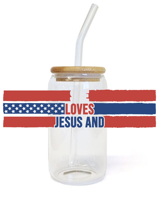 Loves Jesus and America Glass Tumbler UV DTF Decals