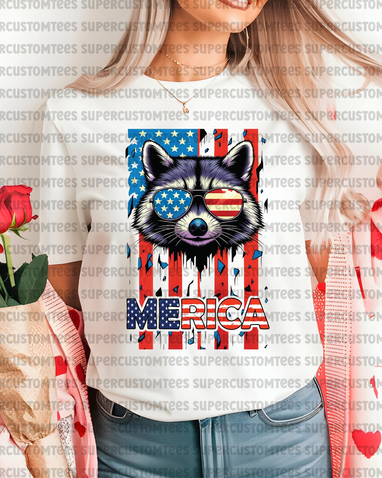 Merica Raccoon American Flag 4th July Heat Transfer for Shirts