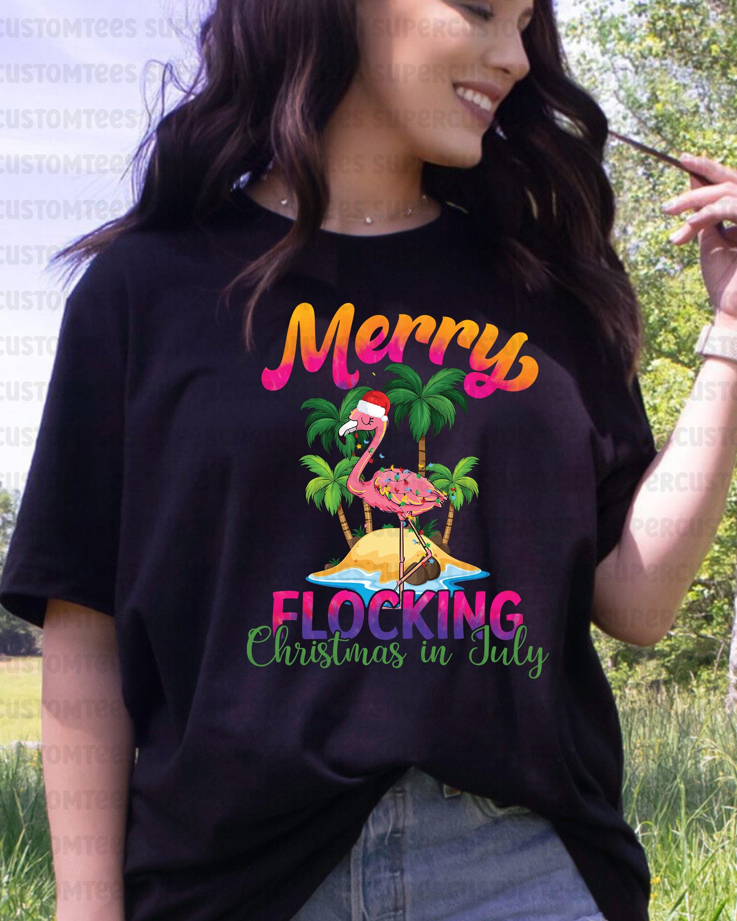 Merry Flocking Christmas In July Flamingo DTF Transfer