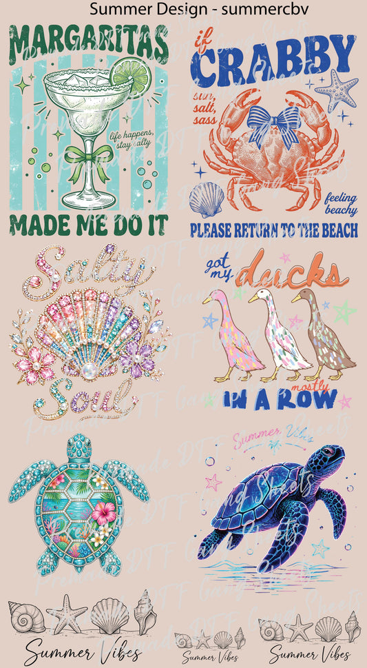 Summer Premade Gang Sheet Beach Theme DTF Transfer ready to Press Salty Soul Crabby Heat Transfer for Shirts