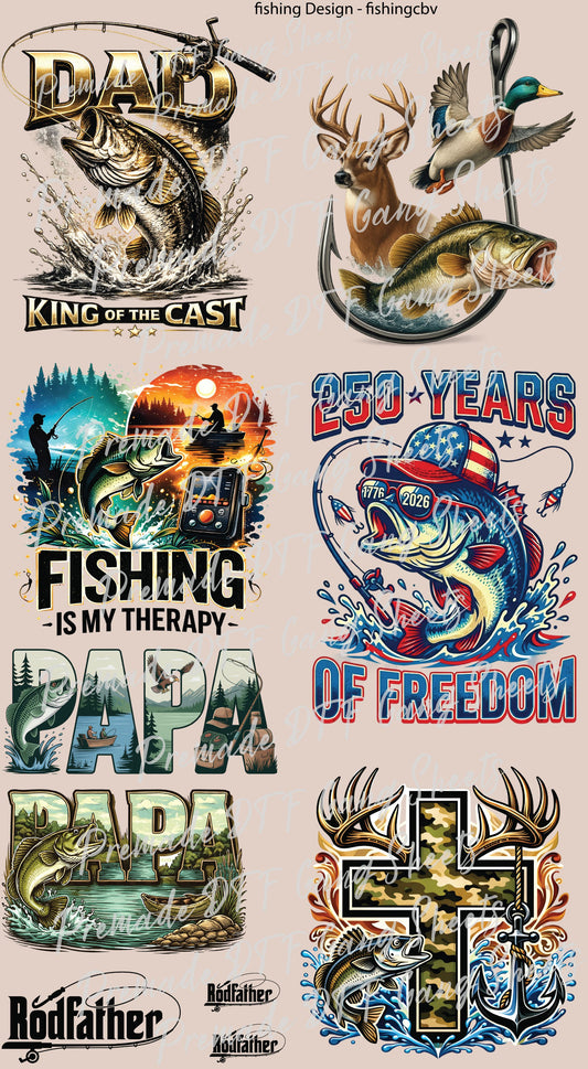 Fishing Premade Gang Sheet Father's Day DTF Transfer ready to Press Fishing Dad American Freedom Theme Heat Transfer for Shirts