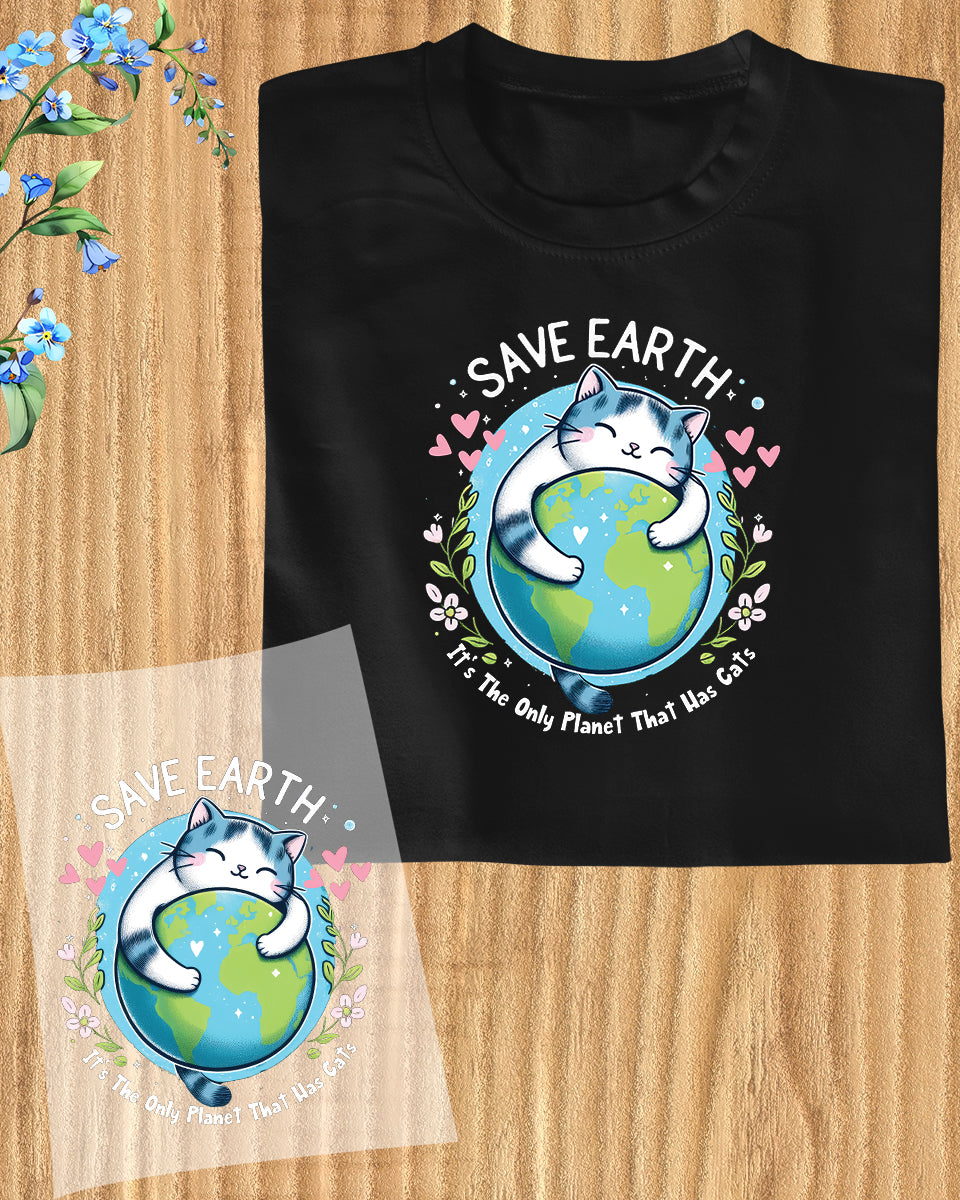 Save Earth Funny Cat DTF Transfer Film