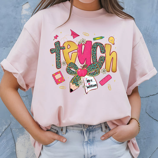 Preppy Leopard TEACH Coquette Bow Sweatshirt, First Day of School Teacher Shirts, Custom Back to School Sweater, Appreciation Gifts