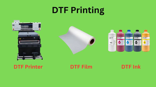 DTF printing setup. Includes a DTF printer, roll of DTF film, and DTF ink bottles.