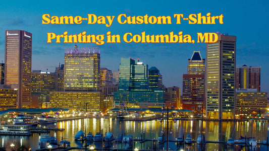 Same-day T-shirt printing service advertisement in Maryland. Offers fast delivery across Baltimore, Columbia, Silver Spring, and more cities
