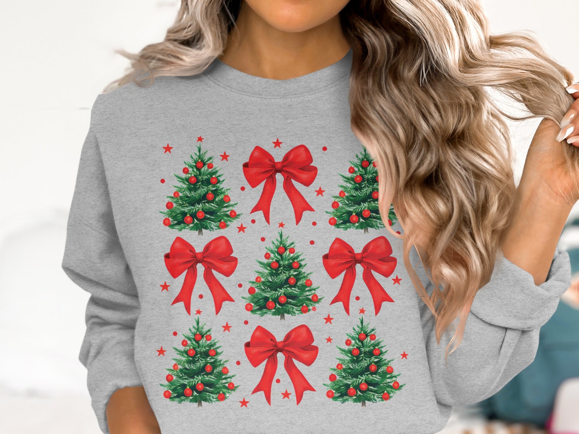 Festive Red Bow and Christmas Tree Pattern Shirt
