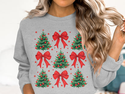 Festive Red Bow and Christmas Tree Pattern Shirt