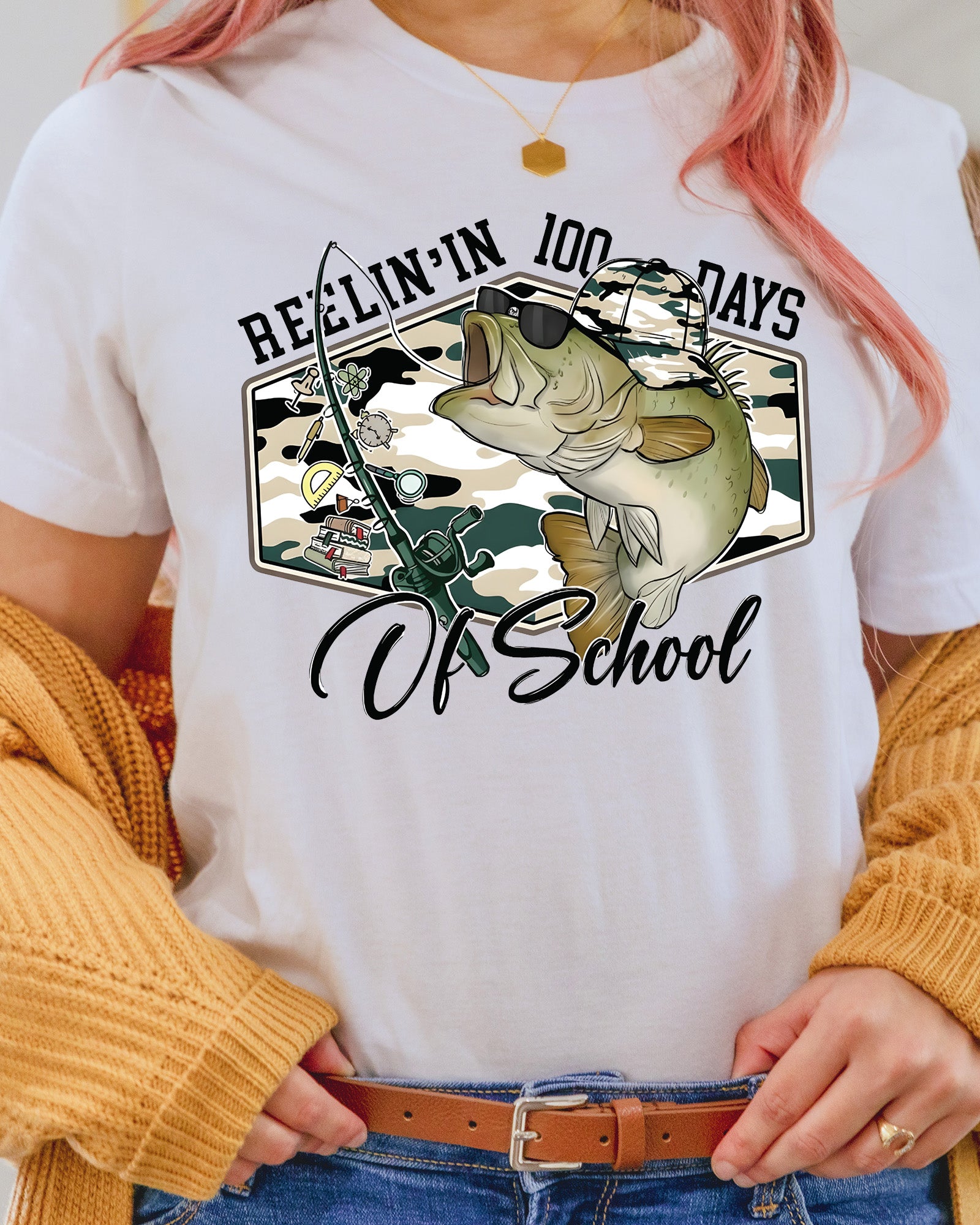 100 Days Of School Bass Fishing Hunting DTF Transfer Ready to Press Reelin' In Heat Application UV Sticker Prints Camo Hunter DIY Shirt Decal