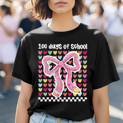 100 Days of School T Shirt Teacher Coquette Bow Pencil Happy Learning Shirt for Kids Girls Boys Women Men School Celebration Tee