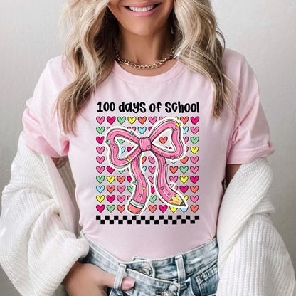 100 Days of School T Shirt Teacher Coquette Bow Pencil Happy Learning Shirt for Kids Girls Boys Women Men School Celebration Tee