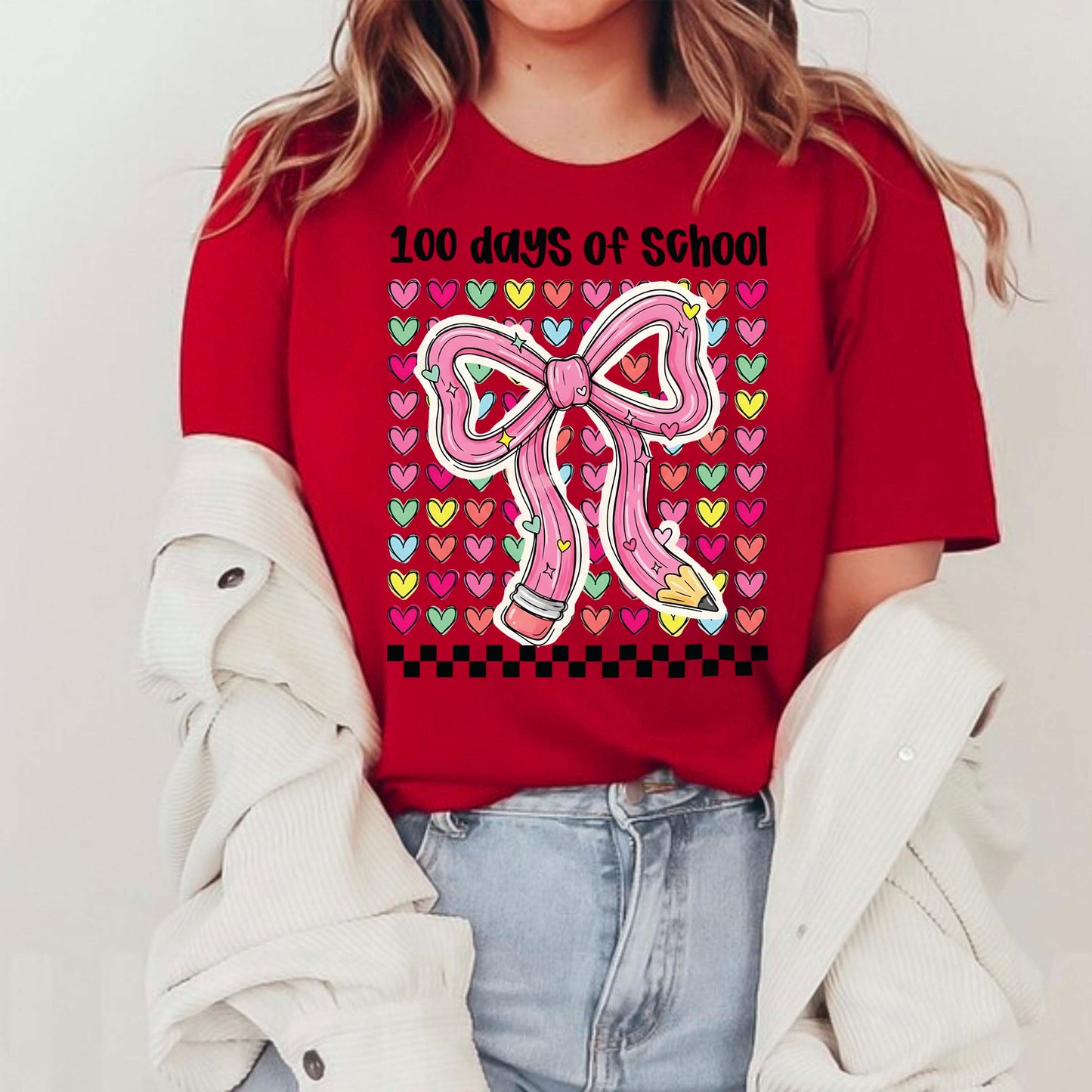 100 Days of School T Shirt Teacher Coquette Bow Pencil Happy Learning Shirt for Kids Girls Boys Women Men School Celebration Tee