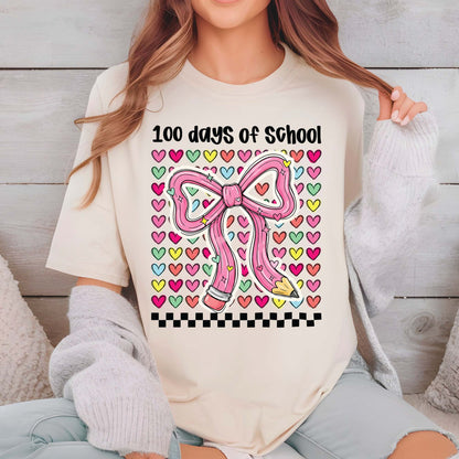 100 Days of School T Shirt Teacher Coquette Bow Pencil Happy Learning Shirt for Kids Girls Boys Women Men School Celebration Tee