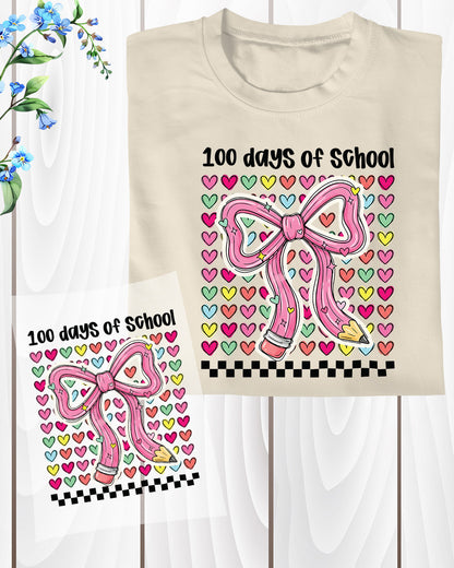 100 Days Of School DTF Transfer Ready to Press Teacher Coquette Bow Pencil Kids Heat Press UV Sticker Prints Happy Learning DIY Decal