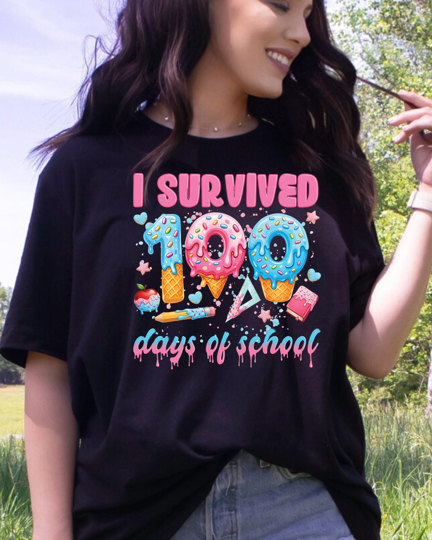 100 Days Of School DTF Transfer Ready to Press I Survived Heat Application Ice Cream Drip Happy 100th Day UV Sticker Prints Student DIY Decal
