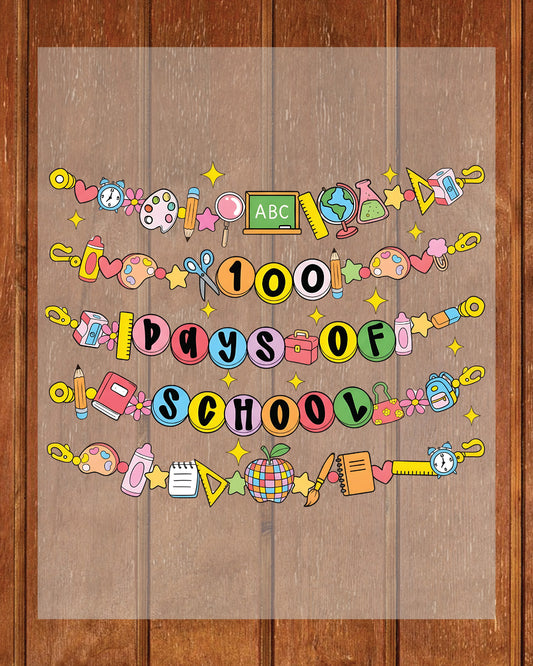 100 Days Of School DTF Transfer Ready to Press Retro Heat Application Theme UV Sticker Prints Vintage Student DIY Shirt Decal Iron On Graphic