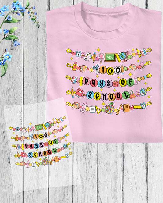 100 Days Of School DTF Transfer Ready to Press Retro Heat Application Theme UV Sticker Prints Vintage Student DIY Shirt Decal Iron On Graphic