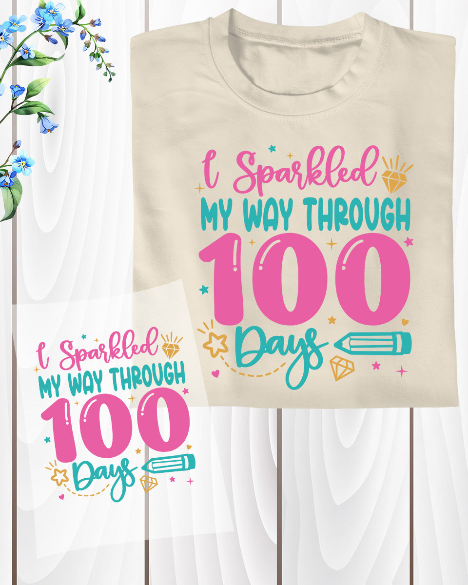 100 Days of School Girl 100th Day DTF Transfer, Ready to Press Heat Transfer for Shirts, Fun 100 Days of School Girls Design, UV Sticker