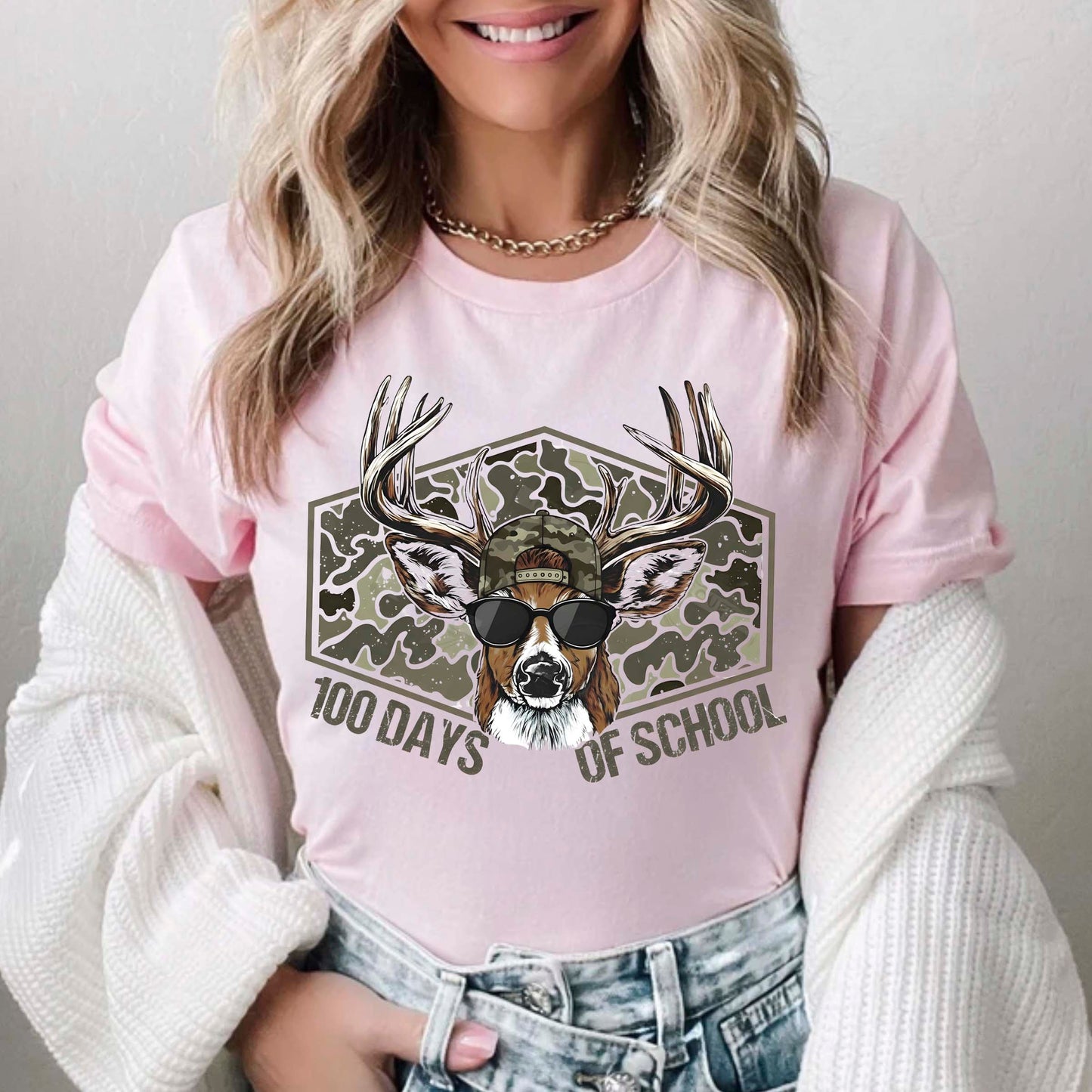 100 Days of School T Shirt Deer Hunting 100 Days of School Bucked Tee Kids Teens Boys Girls Women Men School Celebration Shirt