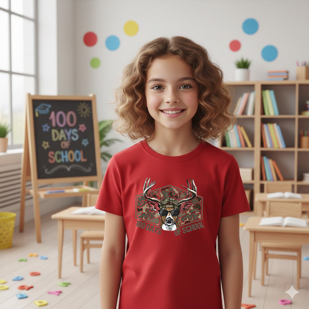 100 Days of School T Shirt Deer Hunting 100 Days of School Bucked Tee Kids Teens Boys Girls Women Men School Celebration Shirt