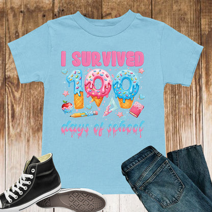 100 Days of School T Shirt I Survived 100 Days of School Ice Cream Drip Tee Kids Teens Boys Girls Women Men School Celebration Shirt