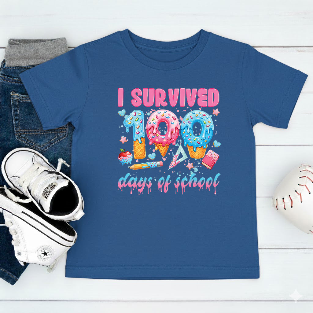 100 Days of School T Shirt I Survived 100 Days of School Ice Cream Drip Tee Kids Teens Boys Girls Women Men School Celebration Shirt
