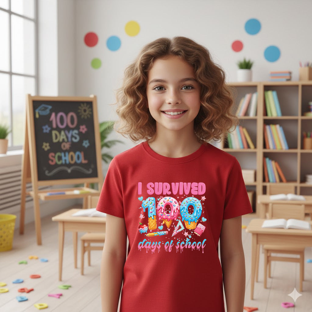 100 Days of School T Shirt I Survived 100 Days of School Ice Cream Drip Tee Kids Teens Boys Girls Women Men School Celebration Shirt