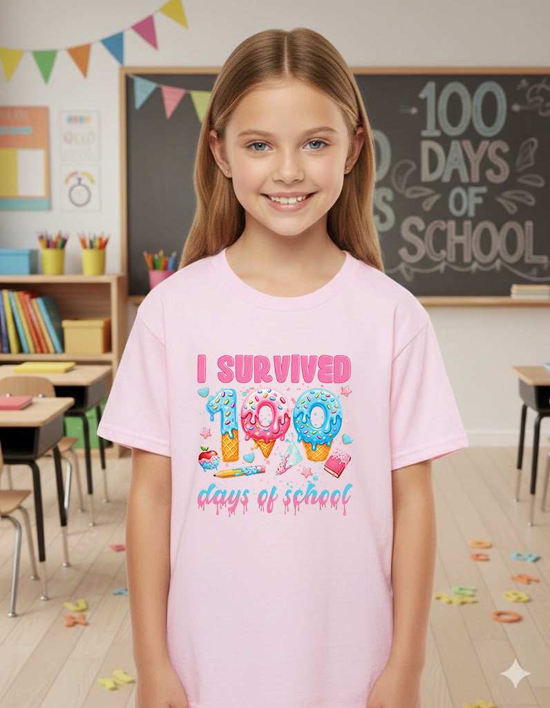 100 Days of School T Shirt I Survived 100 Days of School Ice Cream Drip Tee Kids Teens Boys Girls Women Men School Celebration Shirt