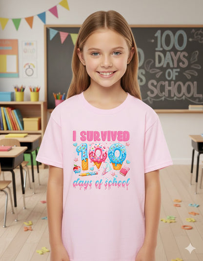 100 Days of School T Shirt I Survived 100 Days of School Ice Cream Drip Tee Kids Teens Boys Girls Women Men School Celebration Shirt