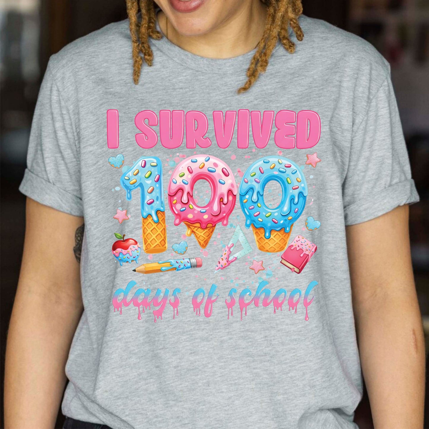100 Days of School T Shirt I Survived 100 Days of School Ice Cream Drip Tee Kids Teens Boys Girls Women Men School Celebration Shirt