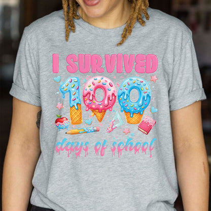 100 Days of School T Shirt I Survived 100 Days of School Ice Cream Drip Tee Kids Teens Boys Girls Women Men School Celebration Shirt