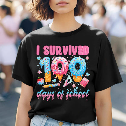 100 Days of School T Shirt I Survived 100 Days of School Ice Cream Drip Tee Kids Teens Boys Girls Women Men School Celebration Shirt
