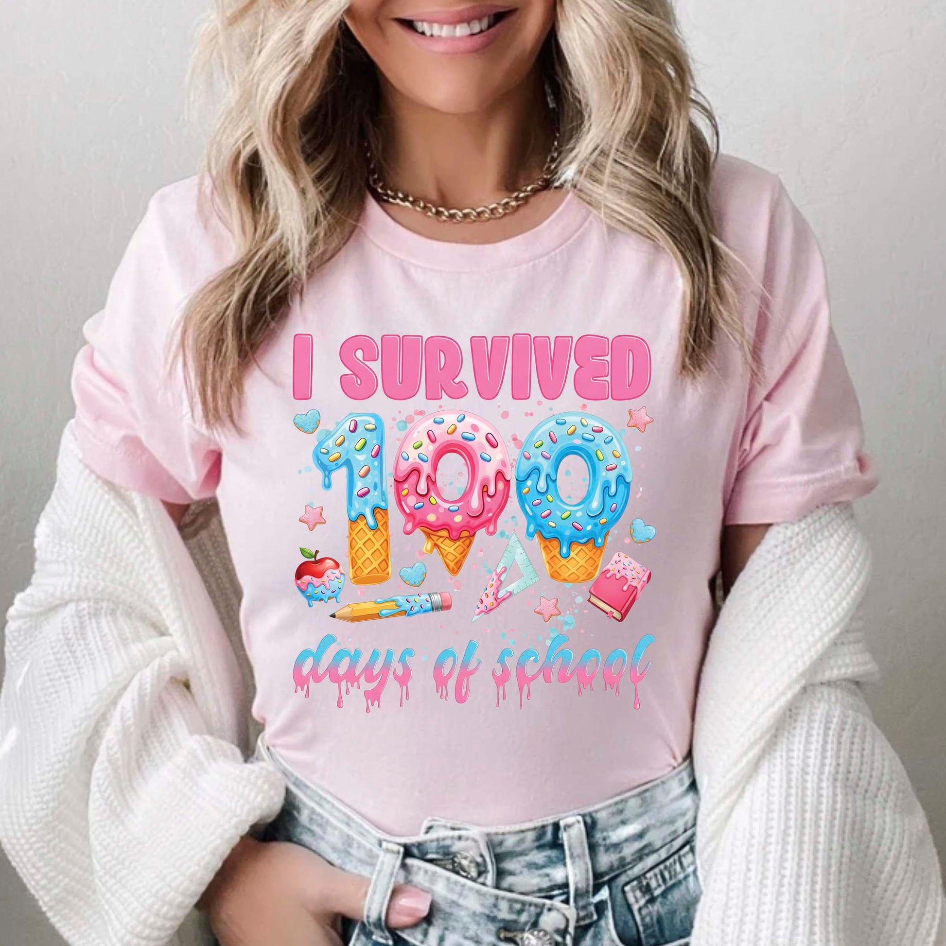 100 Days of School T Shirt I Survived 100 Days of School Ice Cream Drip Tee Kids Teens Boys Girls Women Men School Celebration Shirt