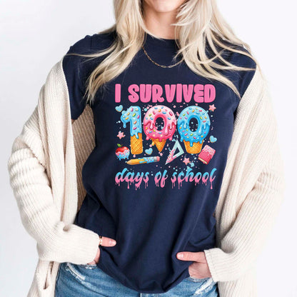 100 Days of School T Shirt I Survived 100 Days of School Ice Cream Drip Tee Kids Teens Boys Girls Women Men School Celebration Shirt
