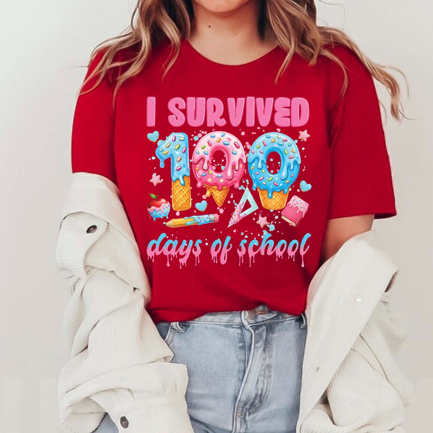 100 Days of School T Shirt I Survived 100 Days of School Ice Cream Drip Tee Kids Teens Boys Girls Women Men School Celebration Shirt
