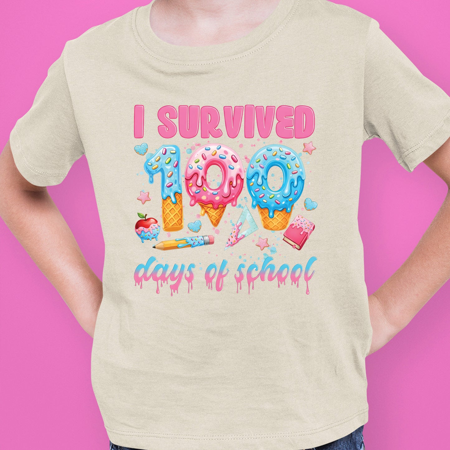 100 Days of School T Shirt I Survived 100 Days of School Ice Cream Drip Tee Kids Teens Boys Girls Women Men School Celebration Shirt