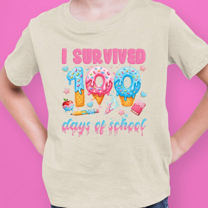 100 Days of School T Shirt I Survived 100 Days of School Ice Cream Drip Tee Kids Teens Boys Girls Women Men School Celebration Shirt