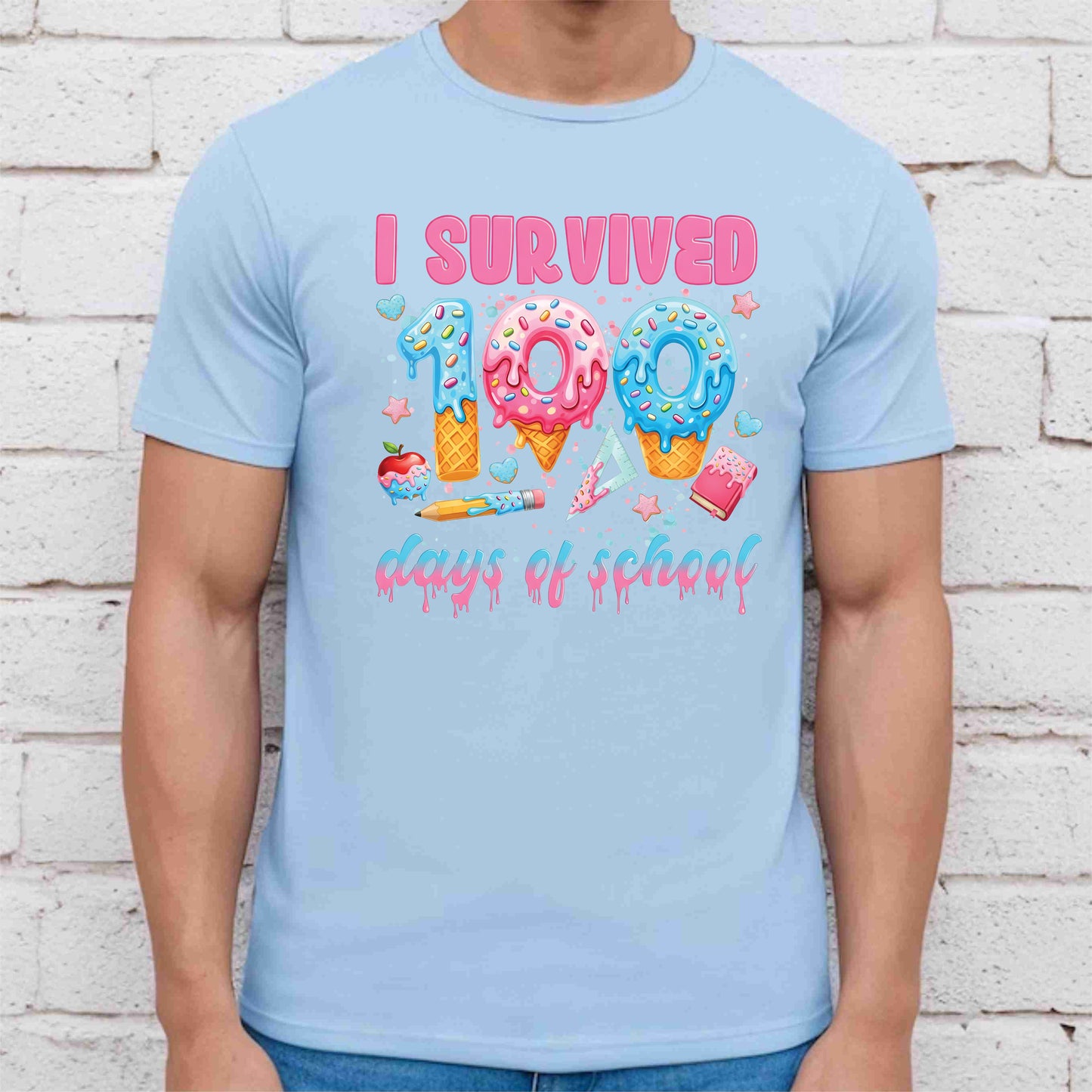 100 Days of School T Shirt I Survived 100 Days of School Ice Cream Drip Tee Kids Teens Boys Girls Women Men School Celebration Shirt
