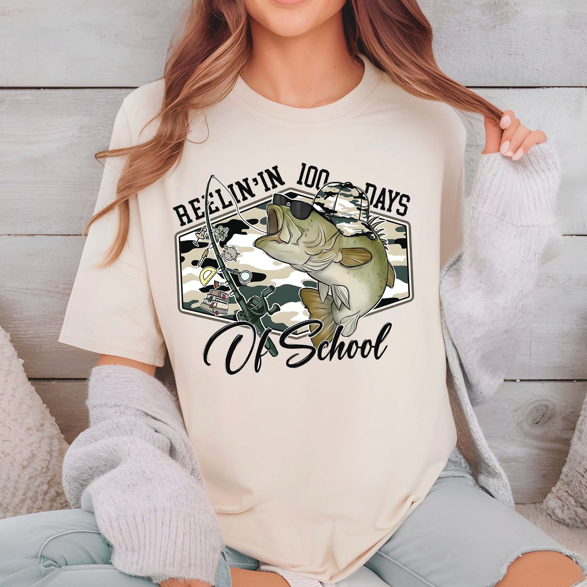 100 Days of School T Shirt Reelin Fishing Hunting 100 Days of School Shirt for Kids Boys Girls Women Men Classroom Celebration Tee