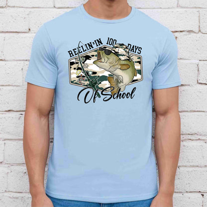 100 Days of School T Shirt Reelin Fishing Hunting 100 Days of School Shirt for Kids Boys Girls Women Men Classroom Celebration Tee