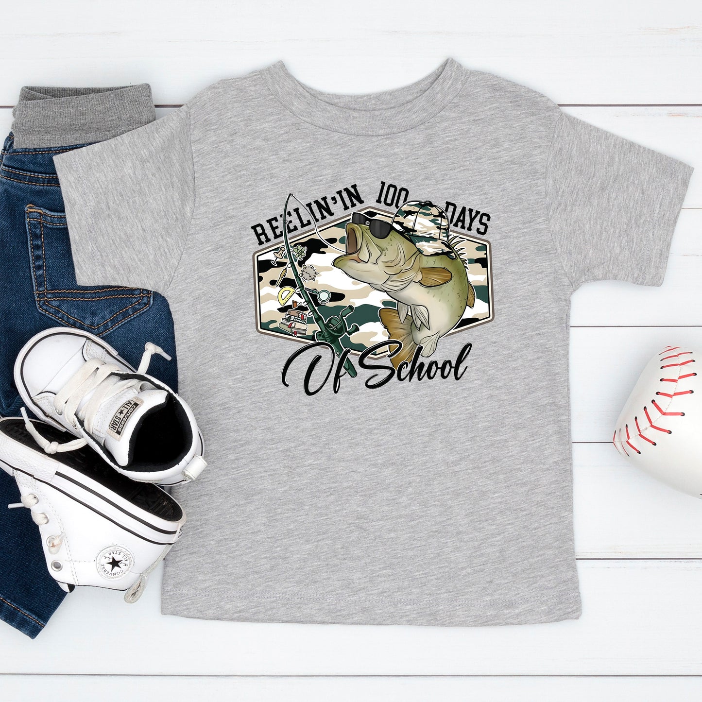 100 Days of School T Shirt Reelin Fishing Hunting 100 Days of School Shirt for Kids Boys Girls Women Men Classroom Celebration Tee