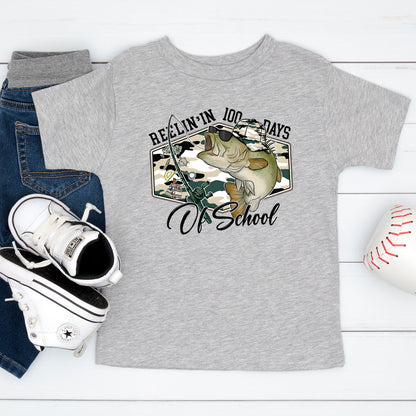 100 Days of School T Shirt Reelin Fishing Hunting 100 Days of School Shirt for Kids Boys Girls Women Men Classroom Celebration Tee