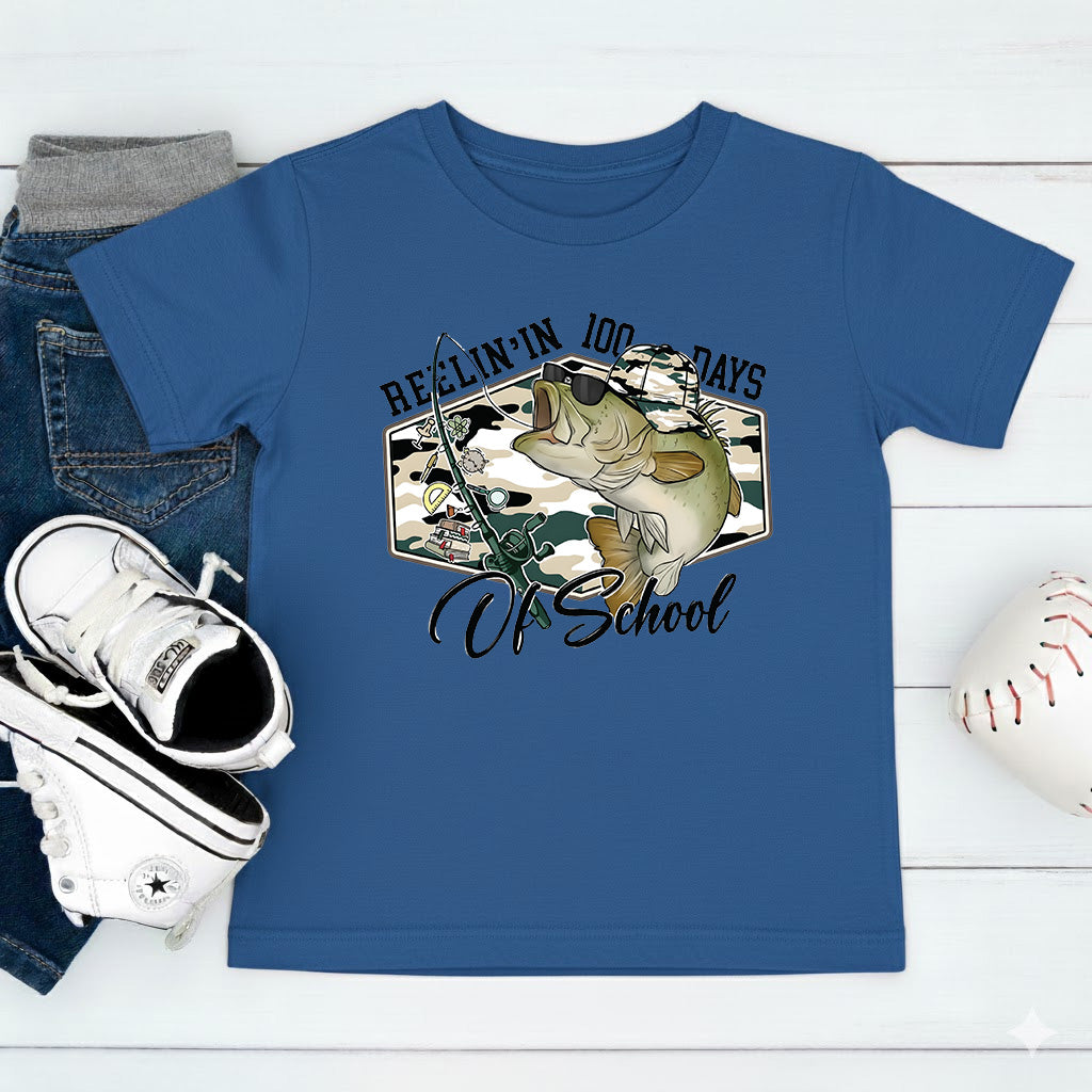 100 Days of School T Shirt Reelin Fishing Hunting 100 Days of School Shirt for Kids Boys Girls Women Men Classroom Celebration Tee