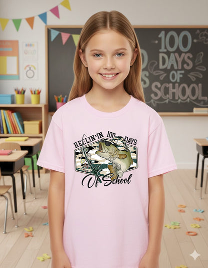 100 Days of School T Shirt Reelin Fishing Hunting 100 Days of School Shirt for Kids Boys Girls Women Men Classroom Celebration Tee